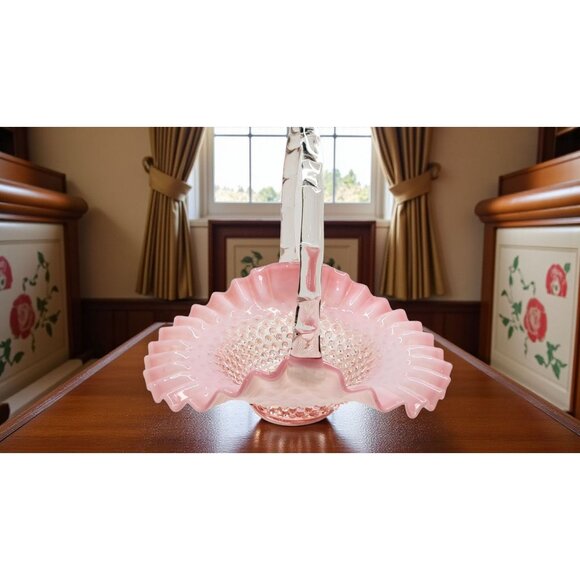 vintage 1950''s Fenton large ruffled cranberry hobnail opalescent basket, 10", E - Picture 2 of 10